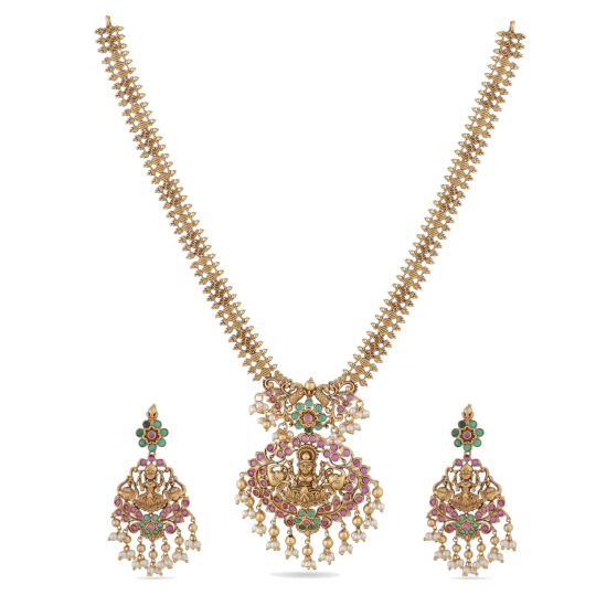 Dark gold jhumka earrings with a medallion-style necklace