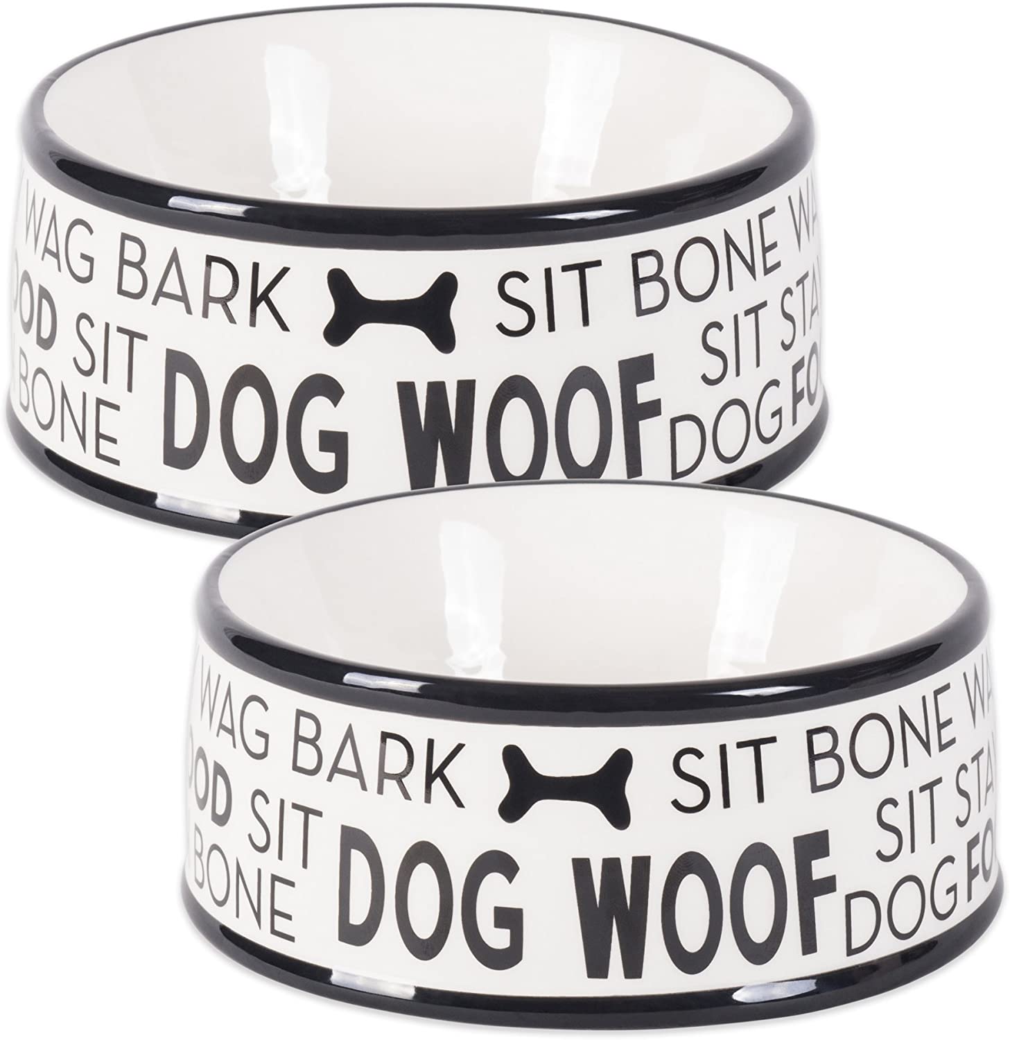 Picture of two medium sized black and white ceramic dowg bowl