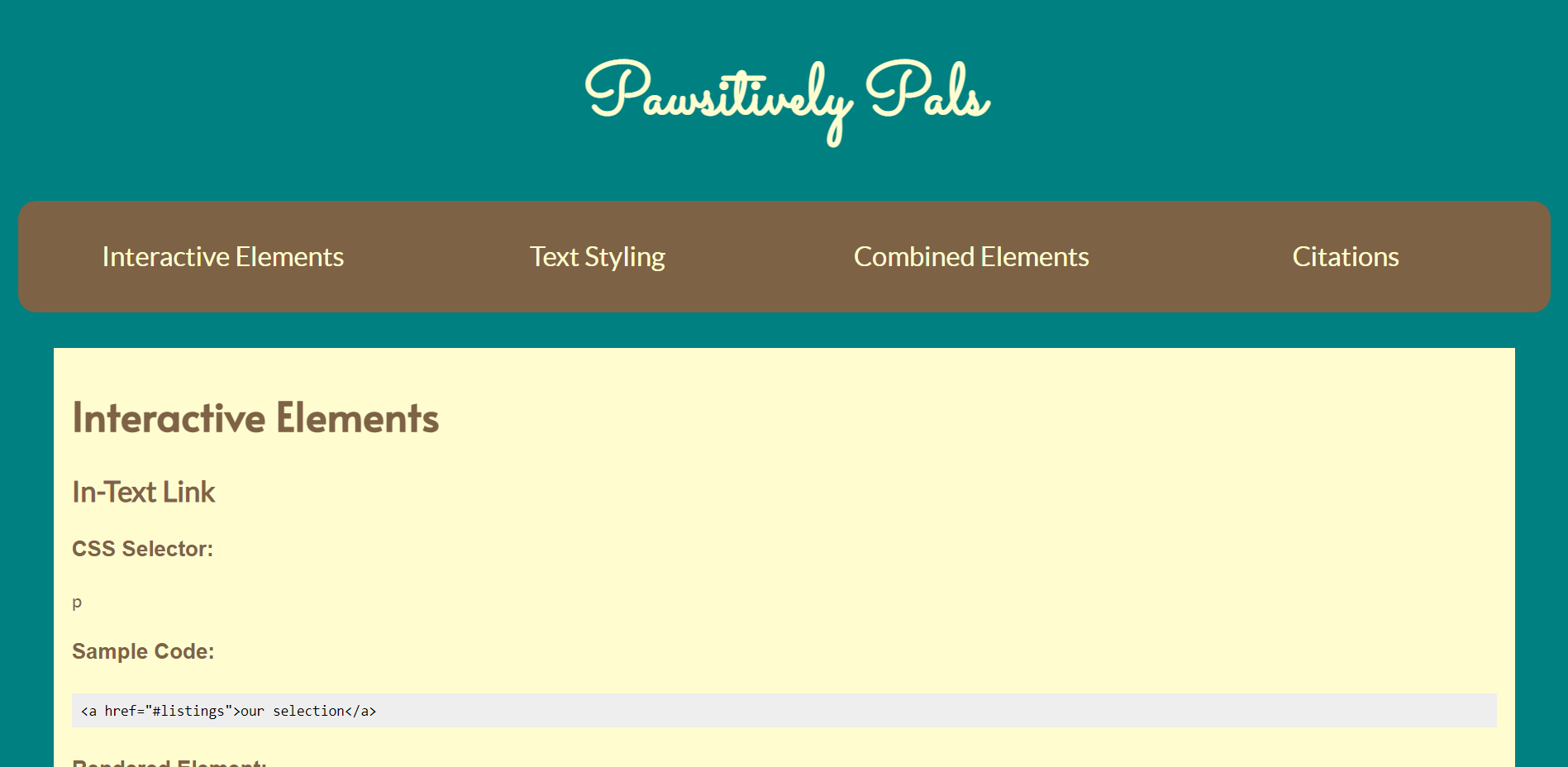 Screenshot of styleguide for Pawsitively Pals, links to Pawsitively Pals project page