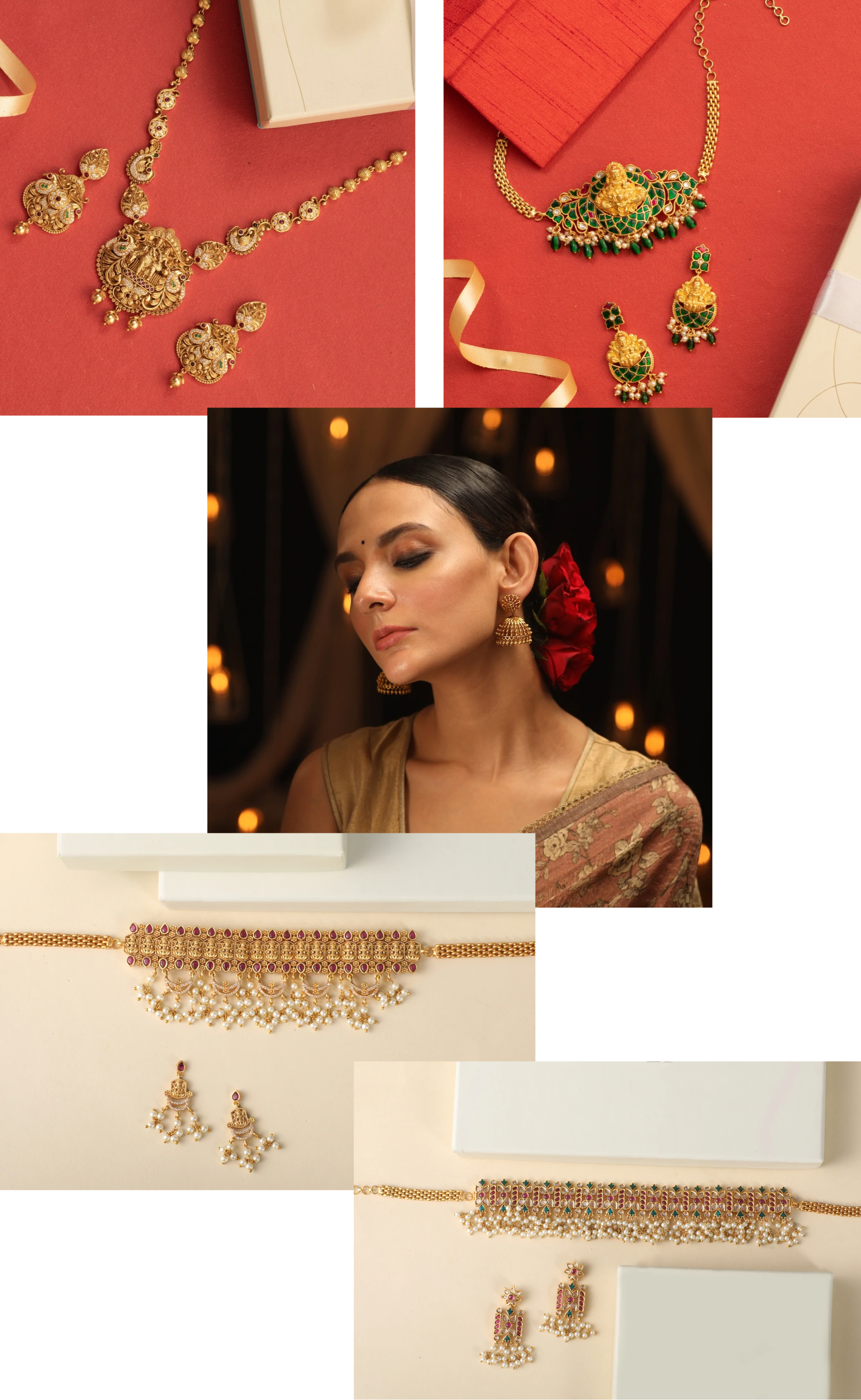 photo collage of indian jewelry sets and models wearing it