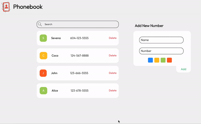 Gif of user performing actions on the phonebook project site