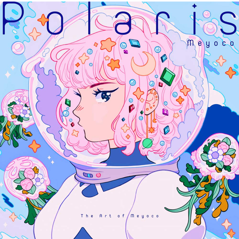 illustration of pink haired girl in a space costume with flower jelly fishes floating in the background