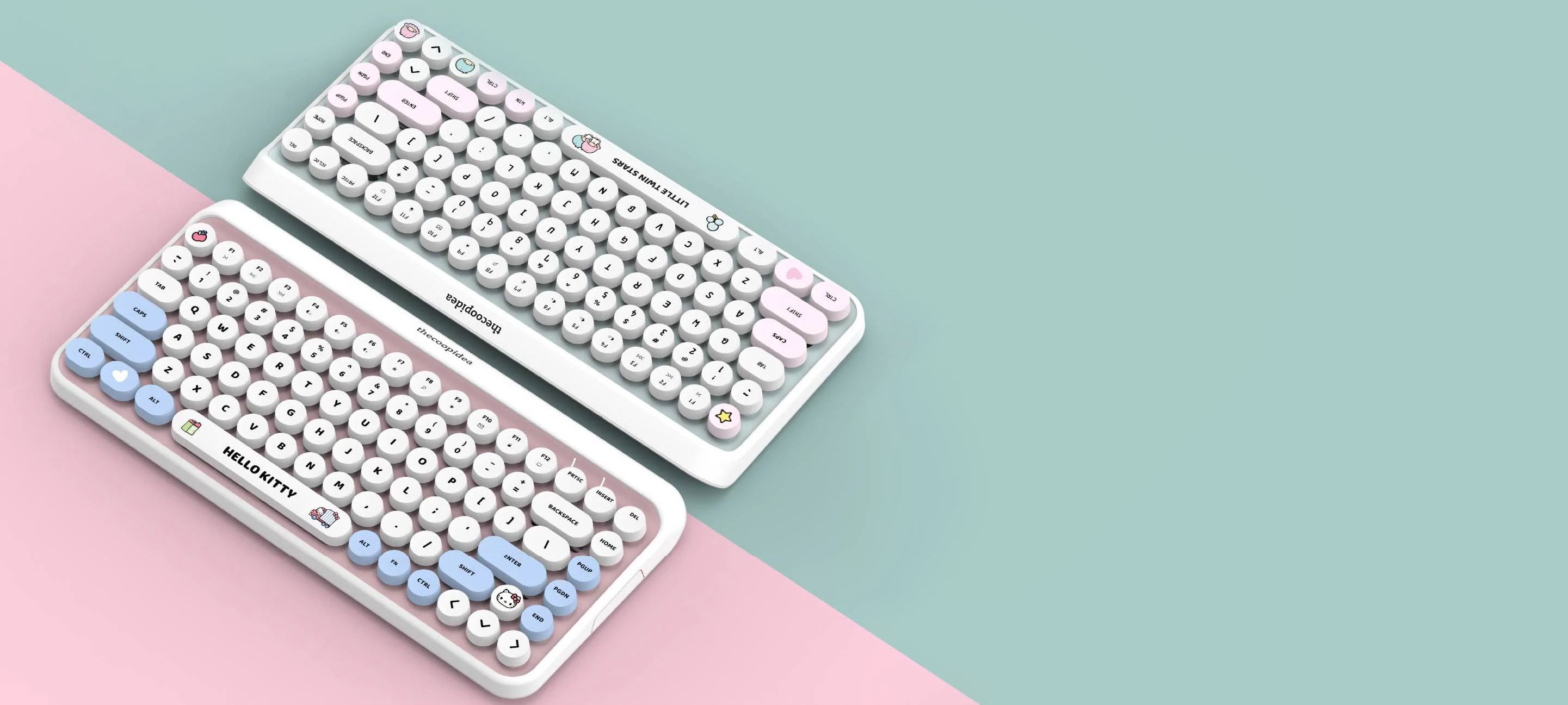 a hello kitty and sanario keyboard with a split pink and turquoise background