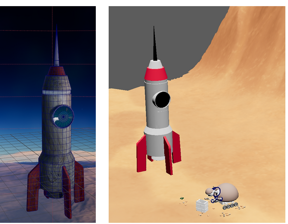 realistic textured rocket (left) and final, simple rocket next to other models in the film (right)
