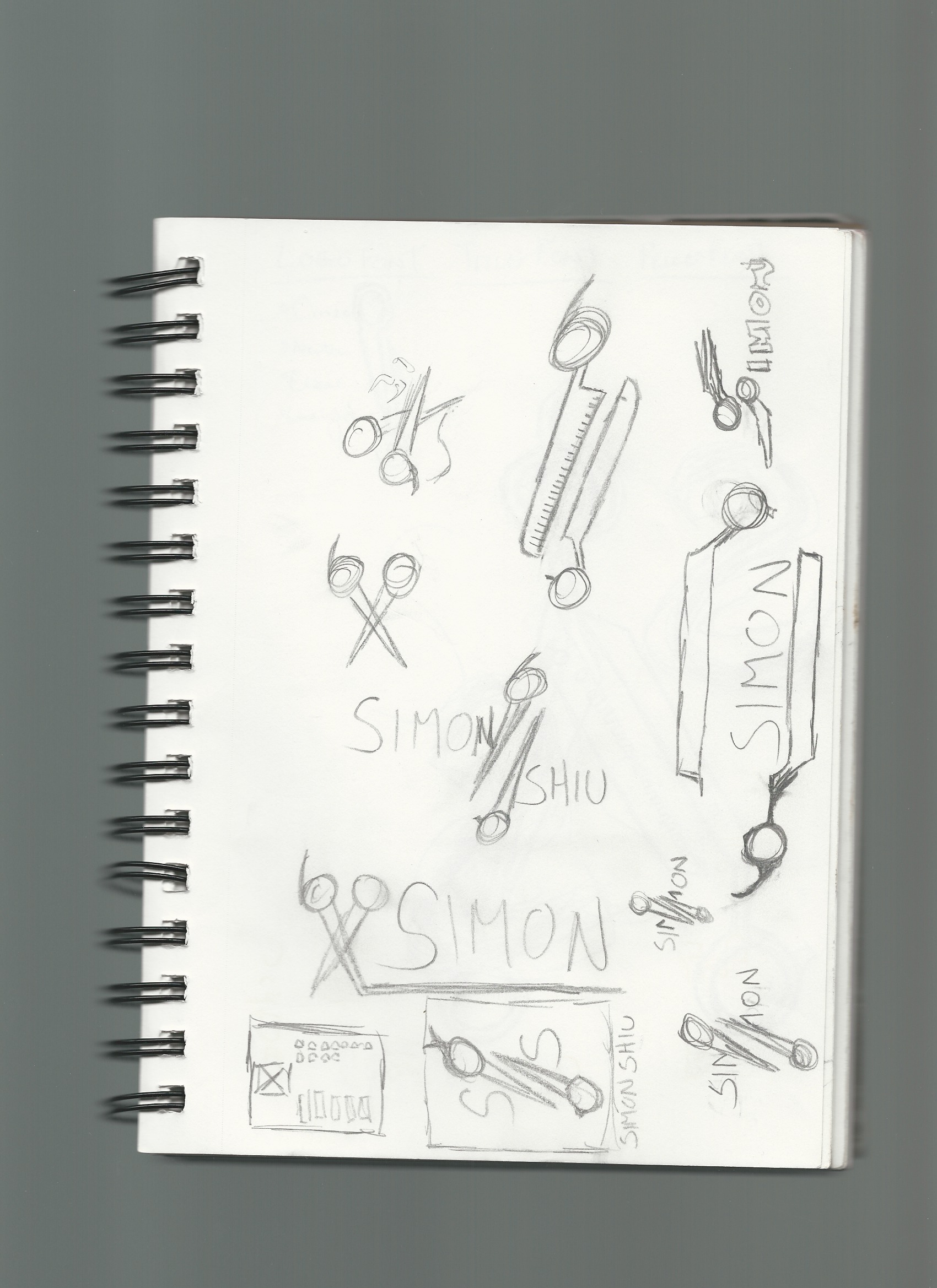 several sketches of scissors logo with clients name