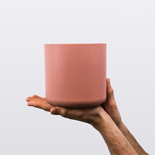 Hands holding a medium pink plant pot