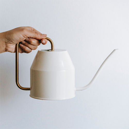 A hand holding a white watering can