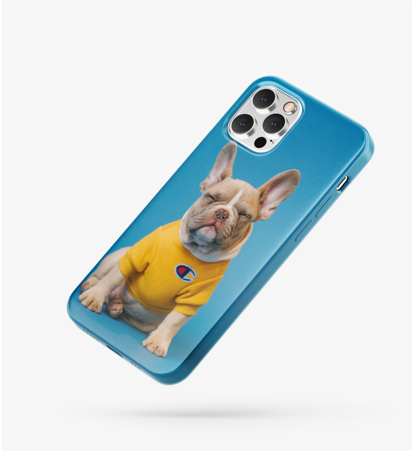 iPhone with blue phone case with printed dog.