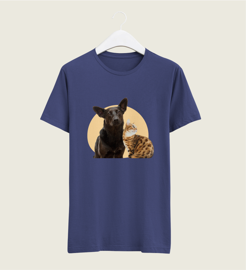 Navy blue shirt with dog and cat printed.