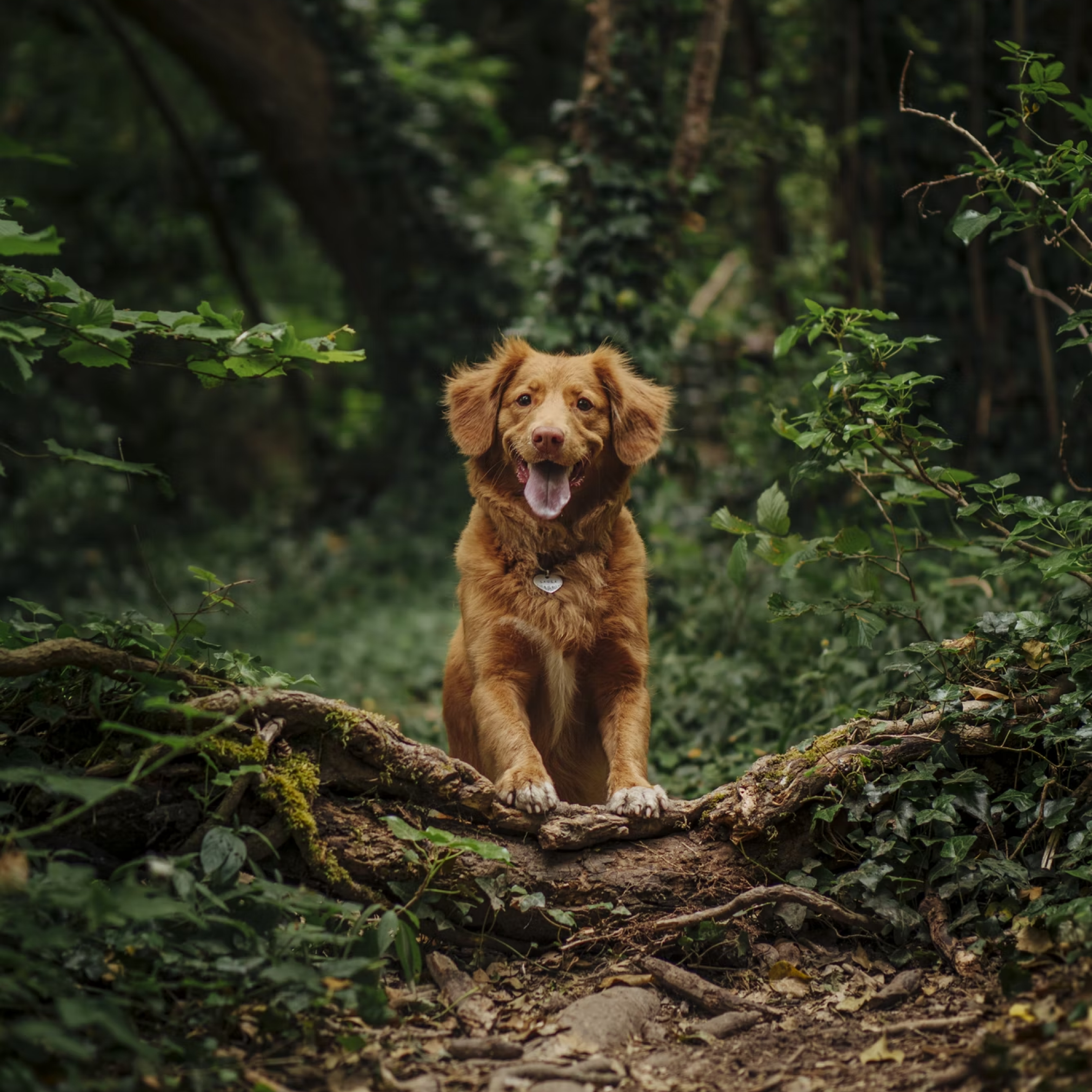 Golden brown dog on tree trunk.