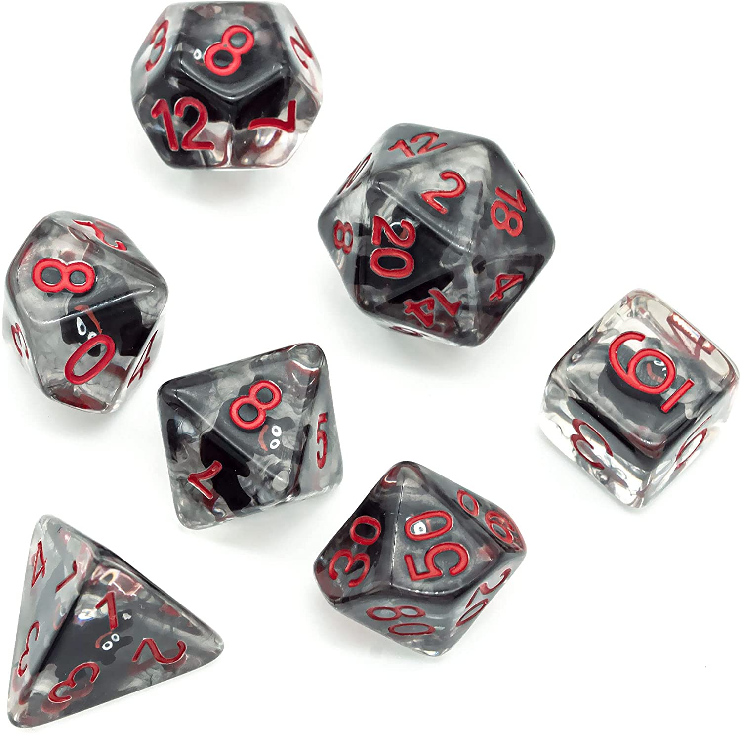 7 Translucent resin dice with black bats inside