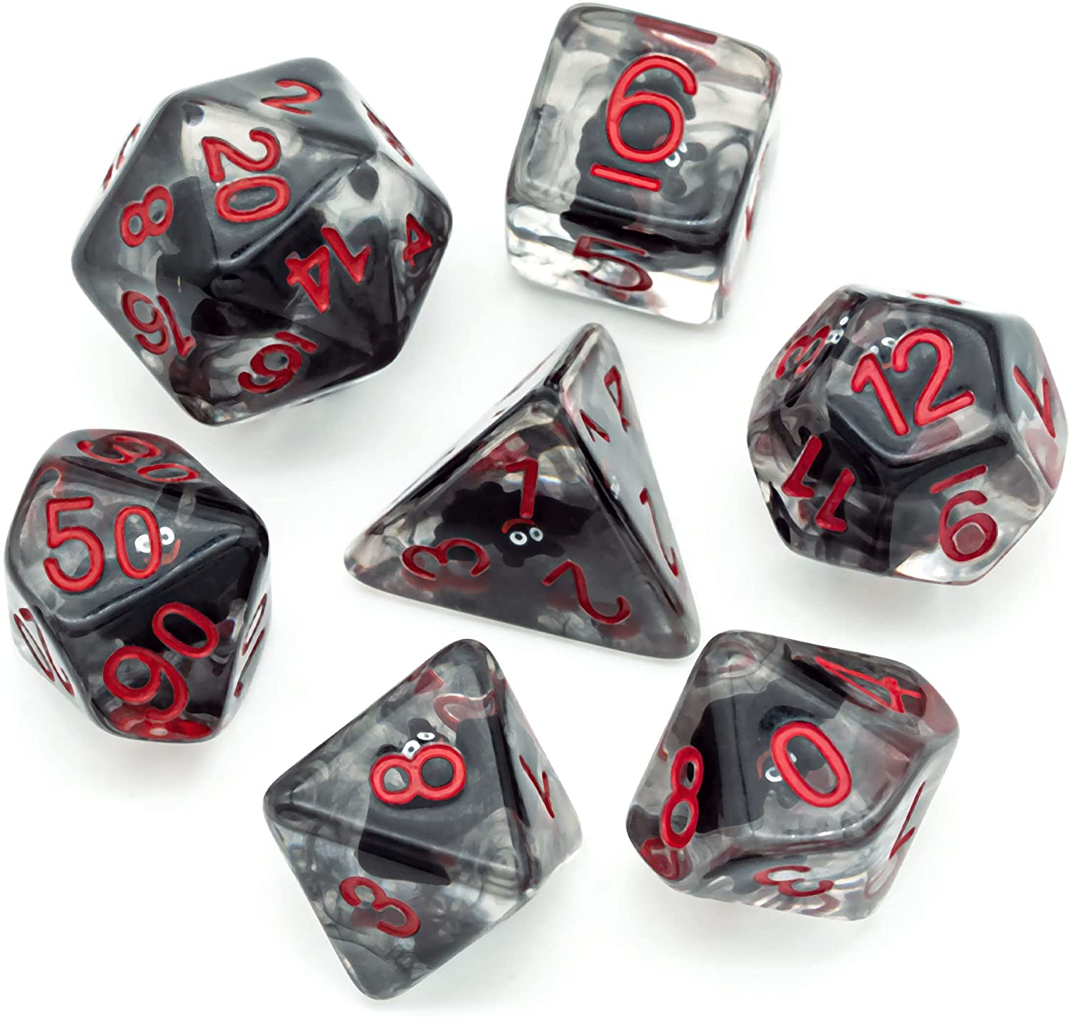 7 Translucent resin dice with black bats inside 