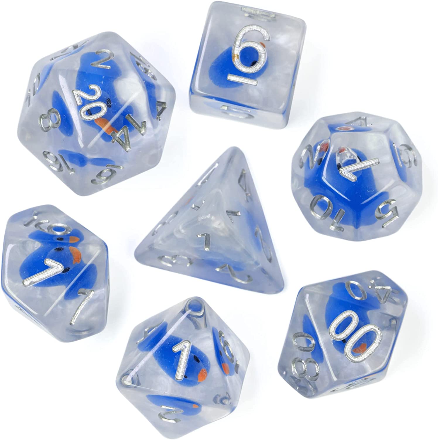 7 Translucent resin dice with blue ducks inside