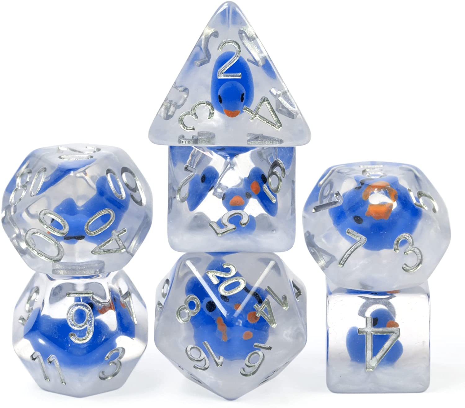 7 translucent resin dice with blue ducks inside, stacked on each other 