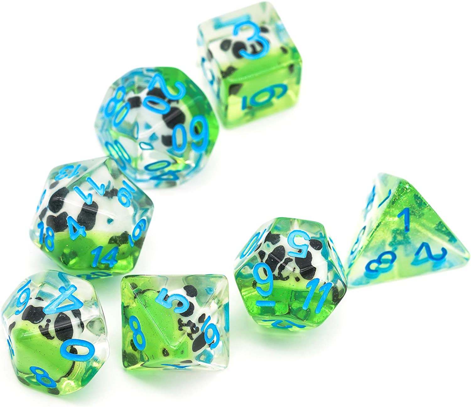 7 Translucent resin dice with a panda figure inside, shaping like an arrow 