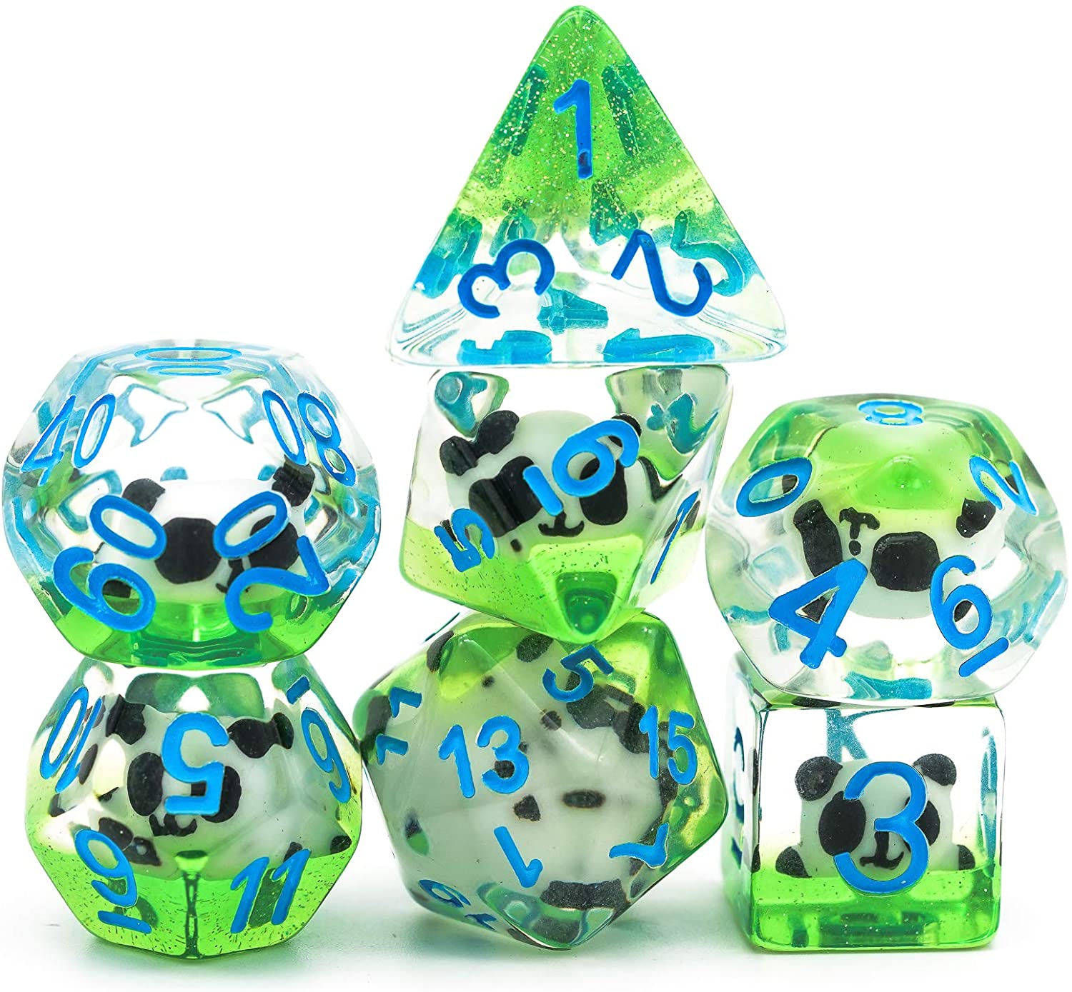 Translucent blue resin dice with a panda figure inside