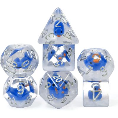 7 translucent resin dice with blue ducks inside, stacked on each other 