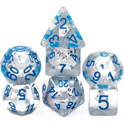 Translucent blue resin dice with white fox inside