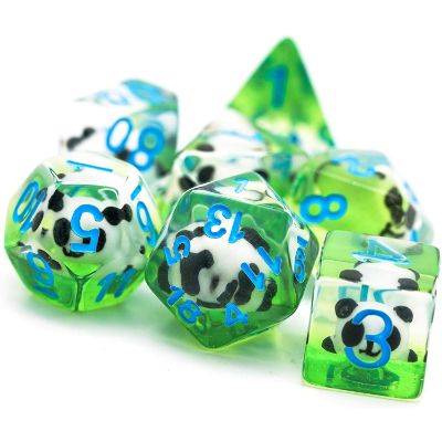 Tilted view of seven panda resin dice