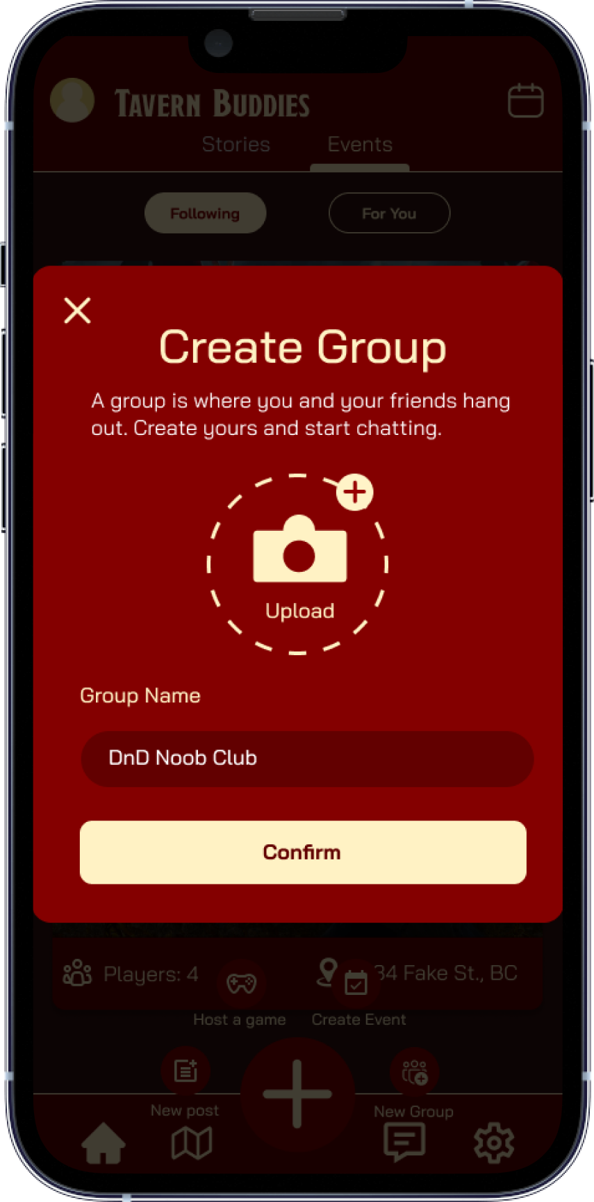 Create a new group feature of Tavern Buddies.