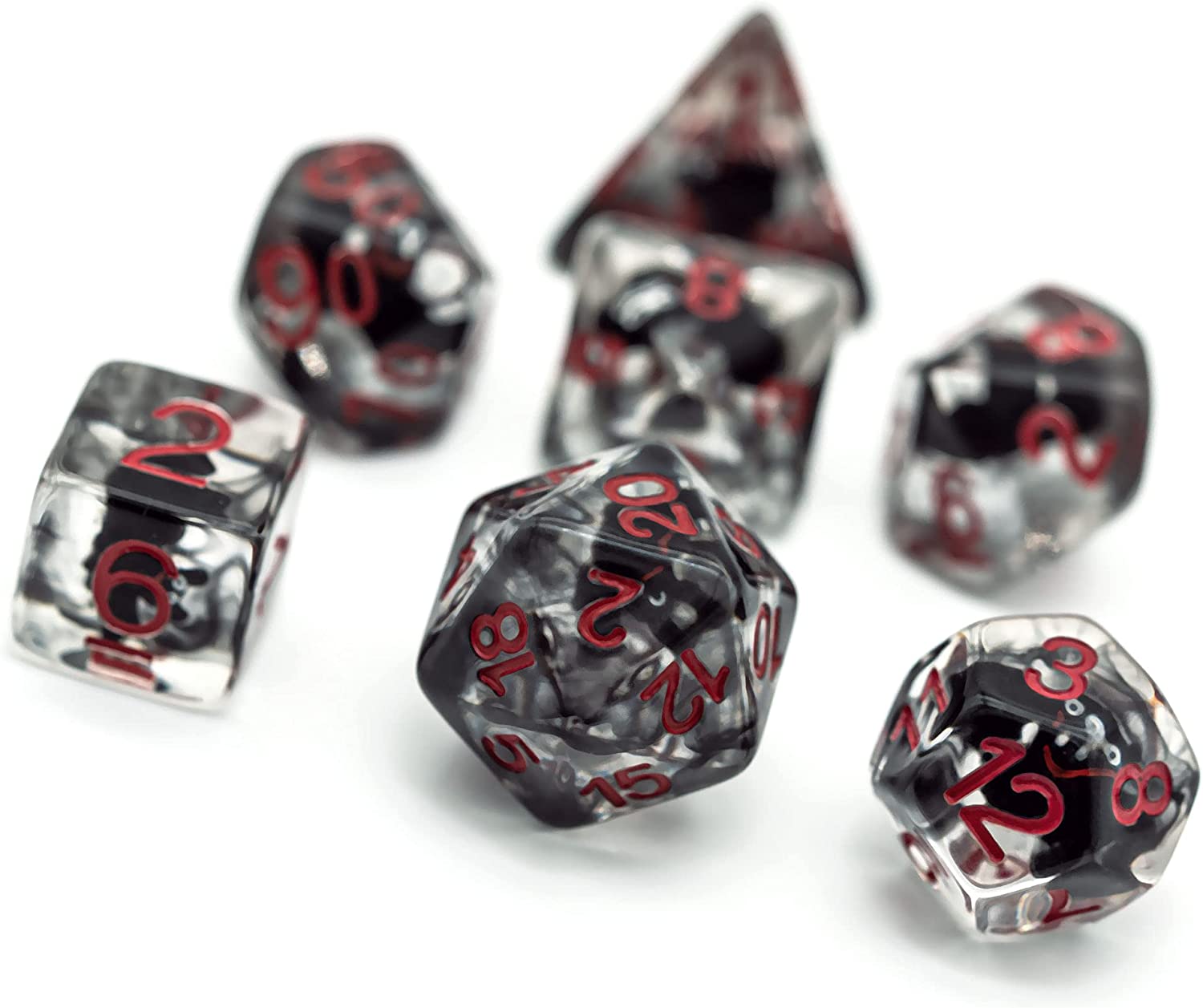 7 Translucent resin dice with black bats inside