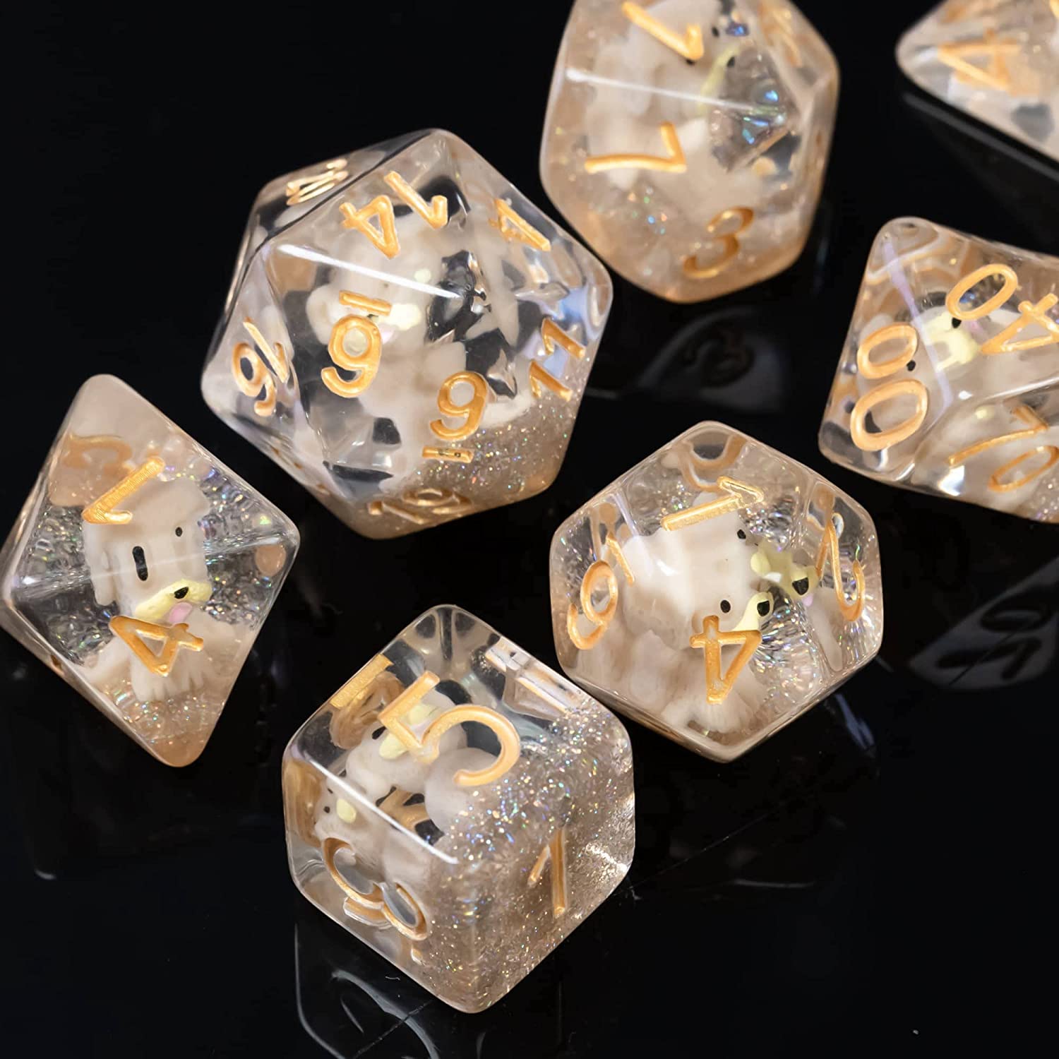 Various dog dice on a black surface