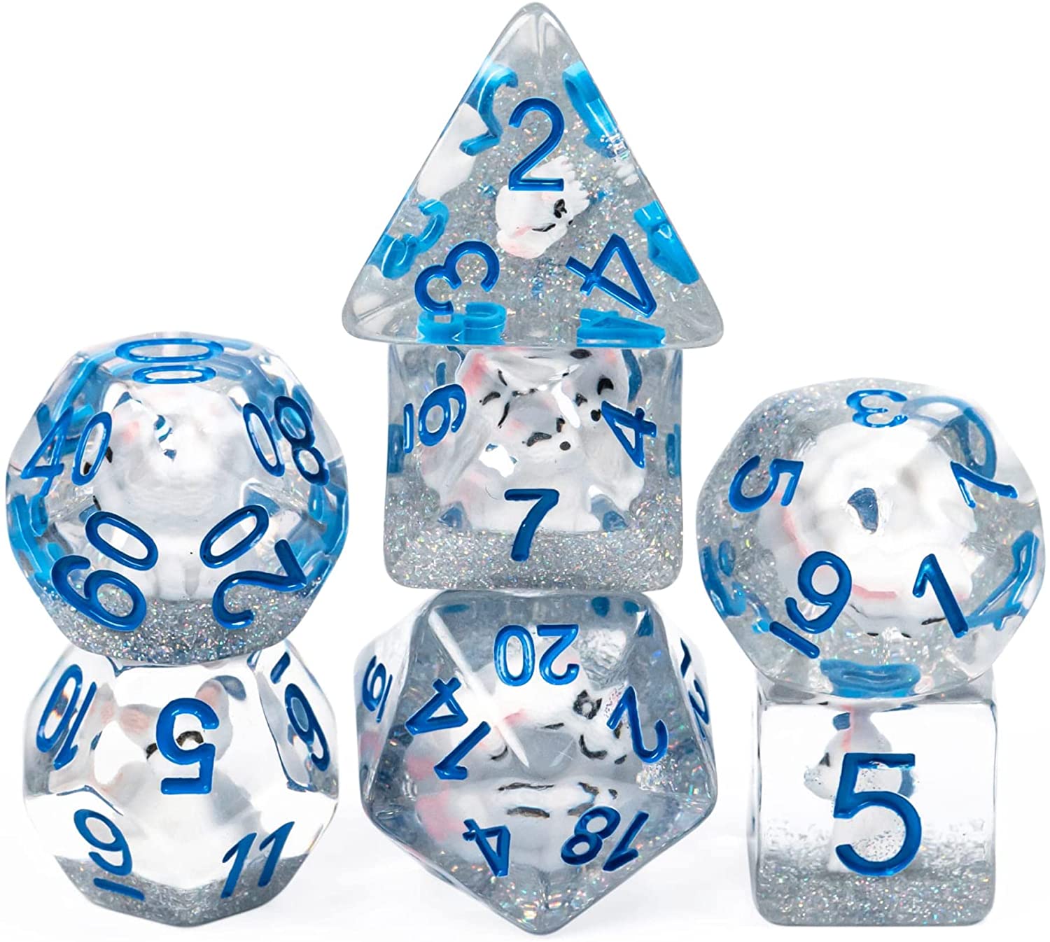 Translucent blue resin dice with white fox inside