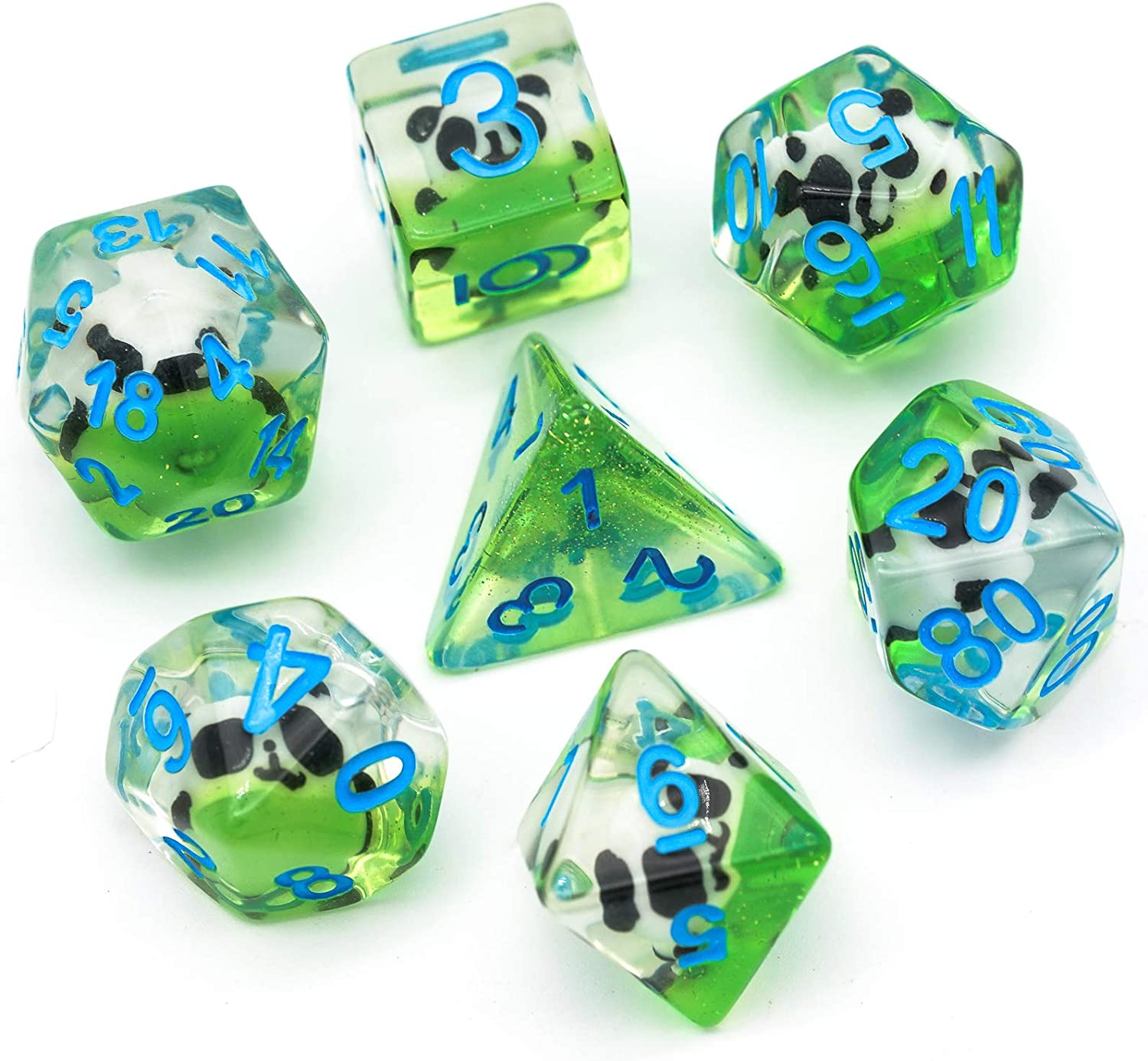 7 Translucent resin dice with a panda figure inside