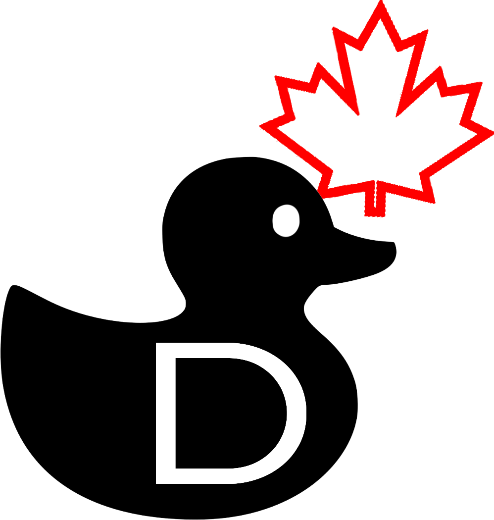 A black duck sillhouete with a red maple leaf on top