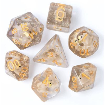 7 Translucent resin dice with brown dog figures inside