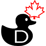 A black duck sillhouete with a red maple leaf on top