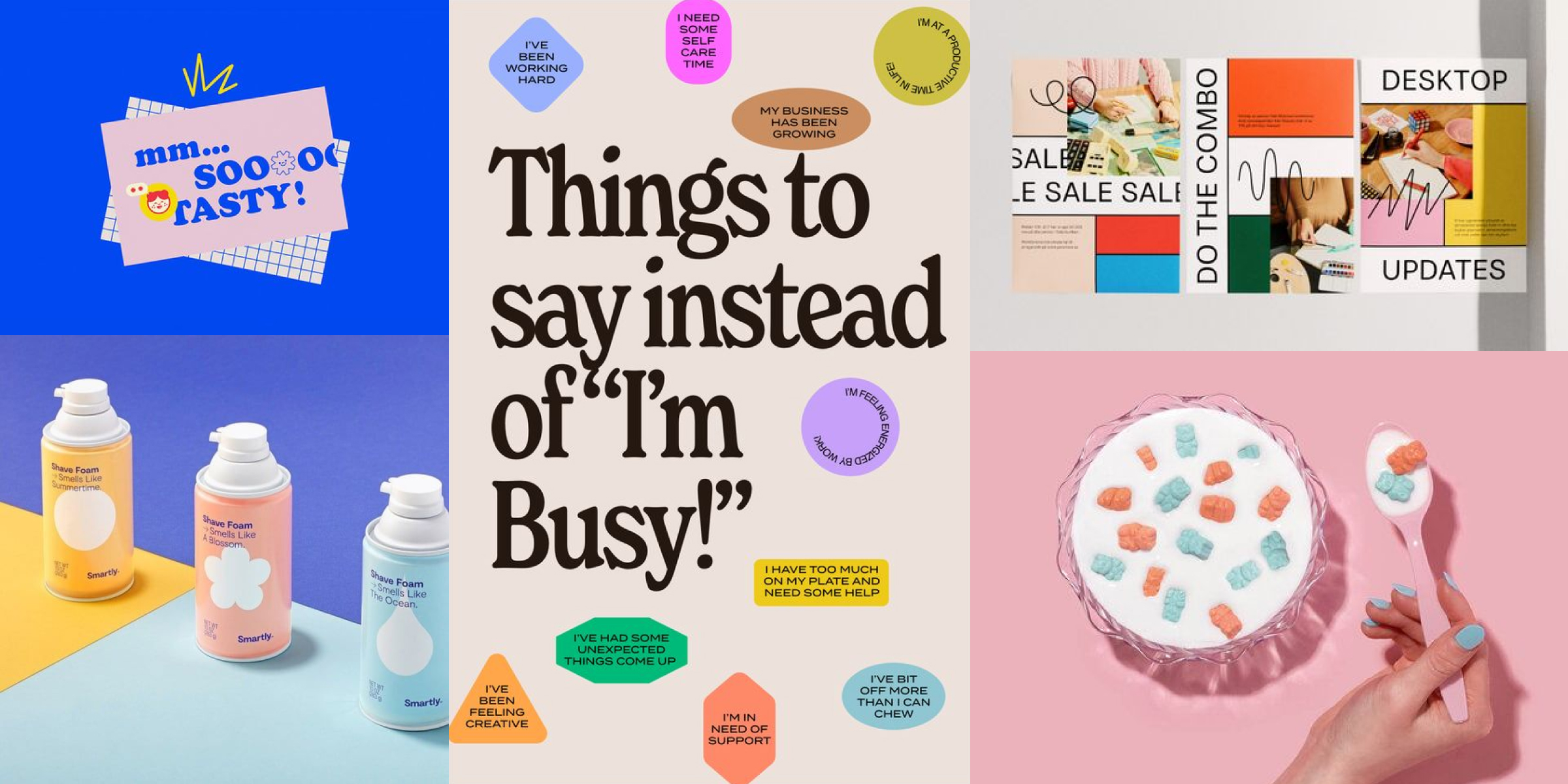 A collage of colourful images to show branding inspiration. Top row of images are examples from graphic designs, bottom left image shows three bottles of shaving foam, bottom right image shows a hand holding a spoon next to a bowl of gummy bears floating in milk.