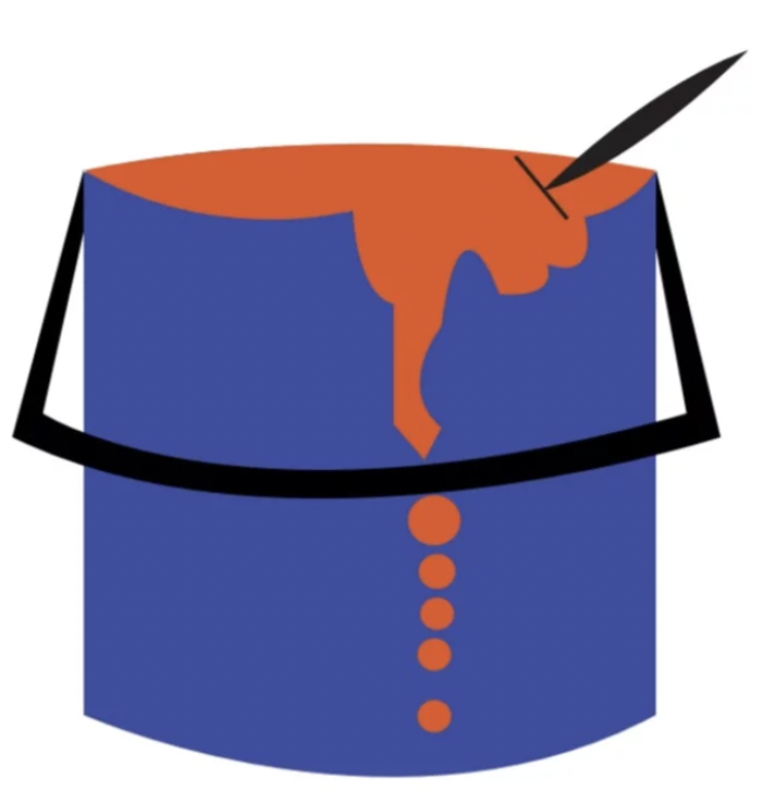Logo design of blue bucket with orange paint overflowing