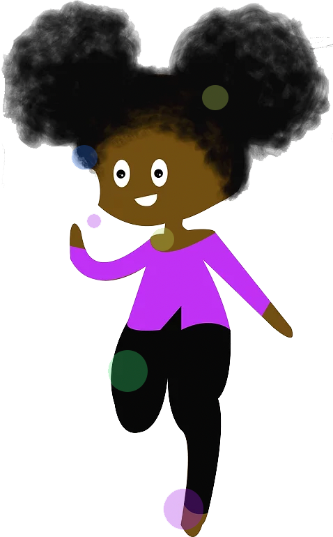 graphic drawing of a girl smiling and waving waering a purple top and black pants