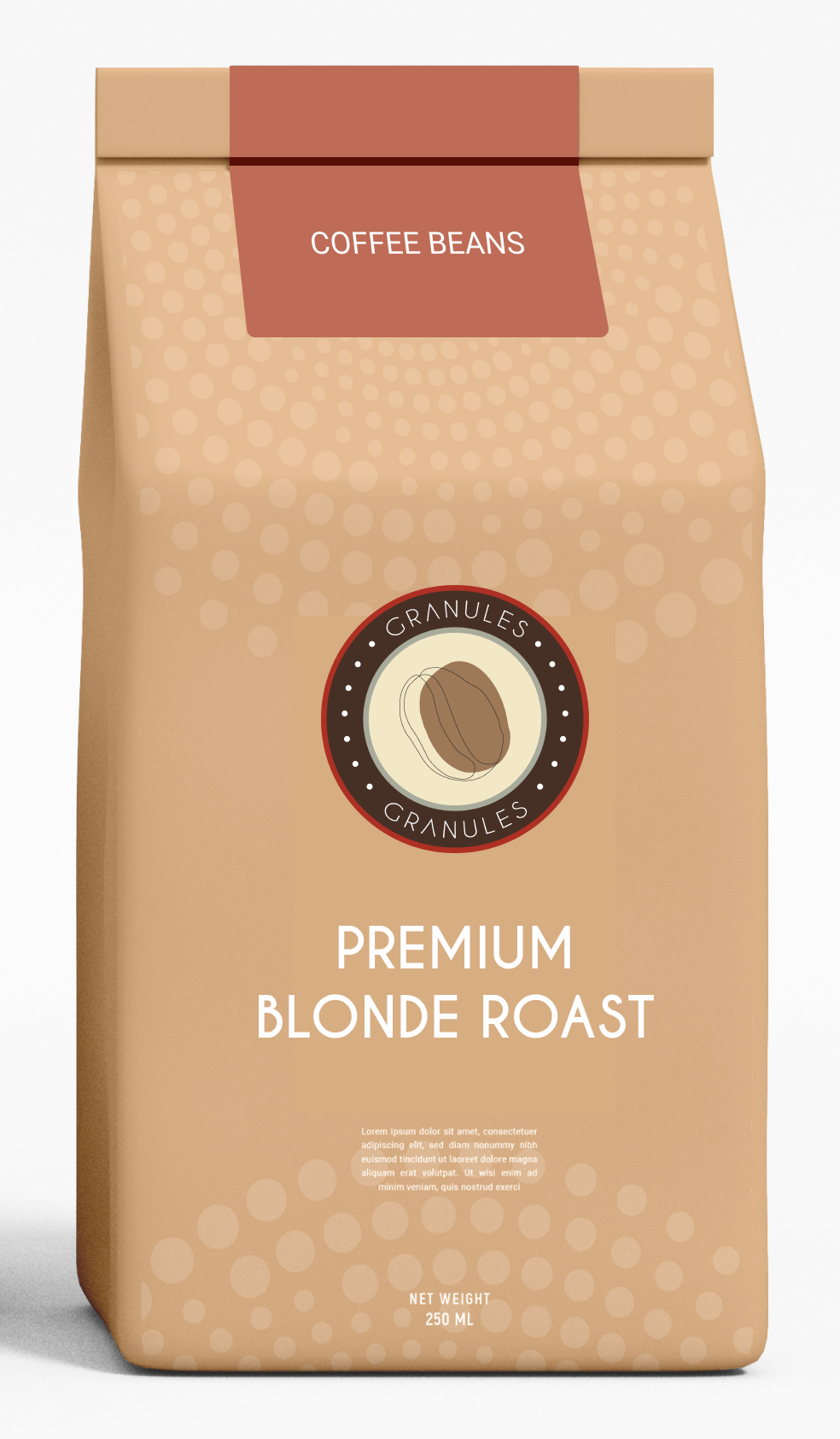 branded product mock up of brown coffee bean bag for blonde roast coffee