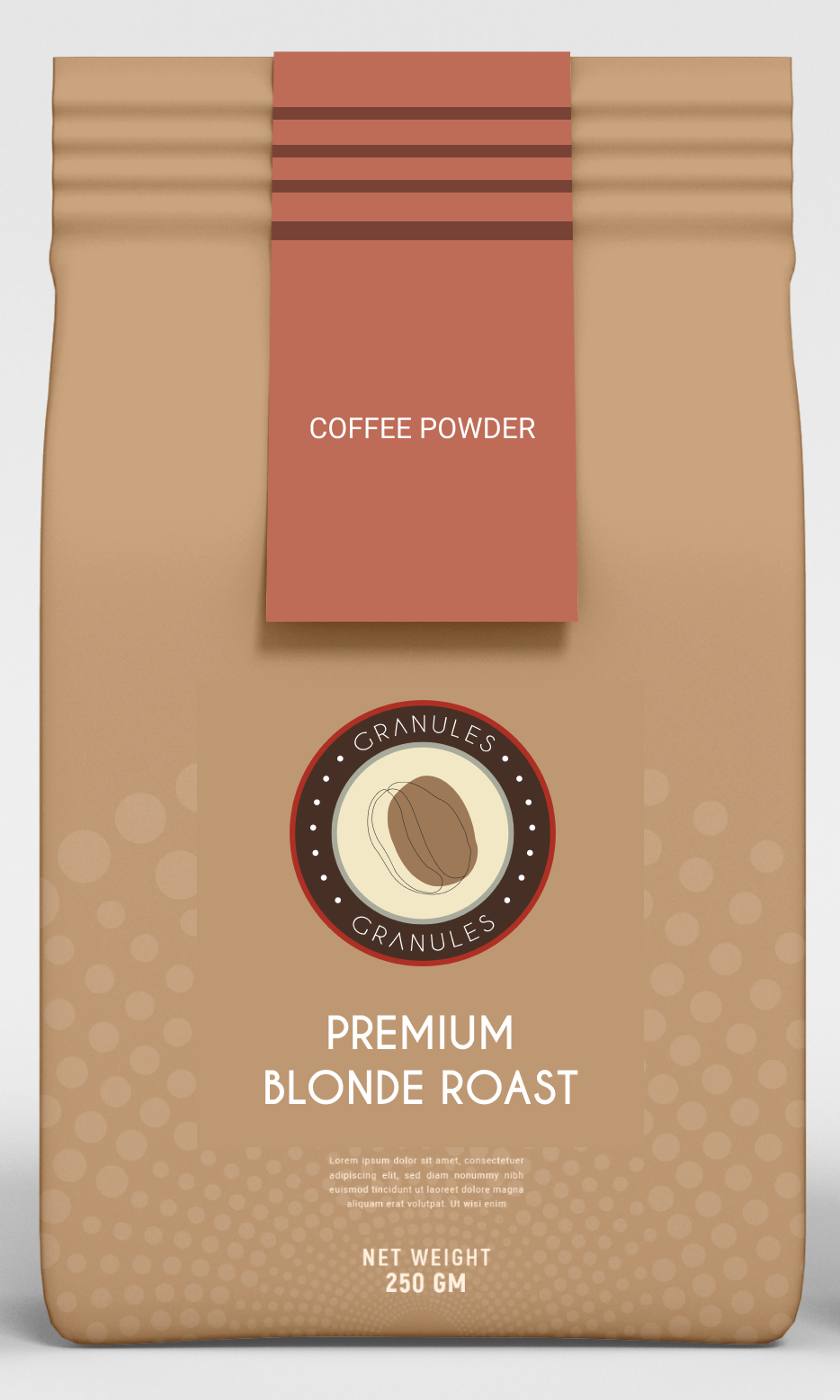 branded product mock up of brown coffee powder bag for blonde roast coffee