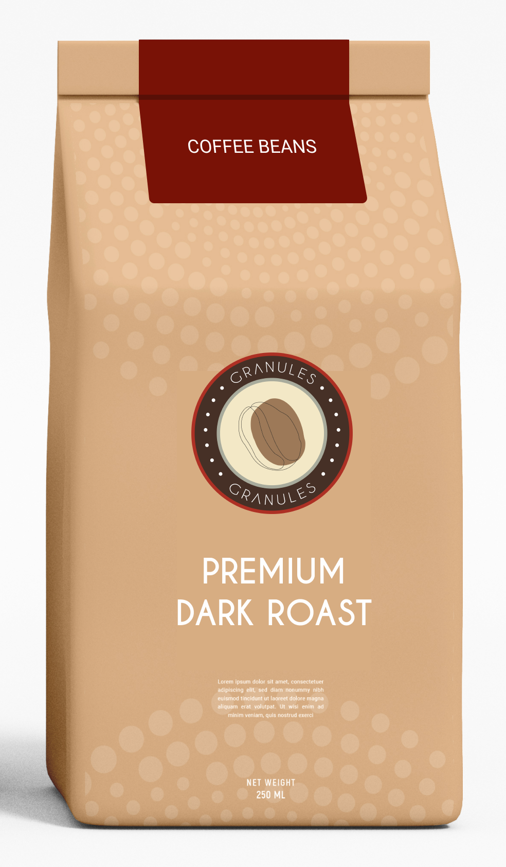 branded product mock up of brown coffee bean bag for dark roast coffee