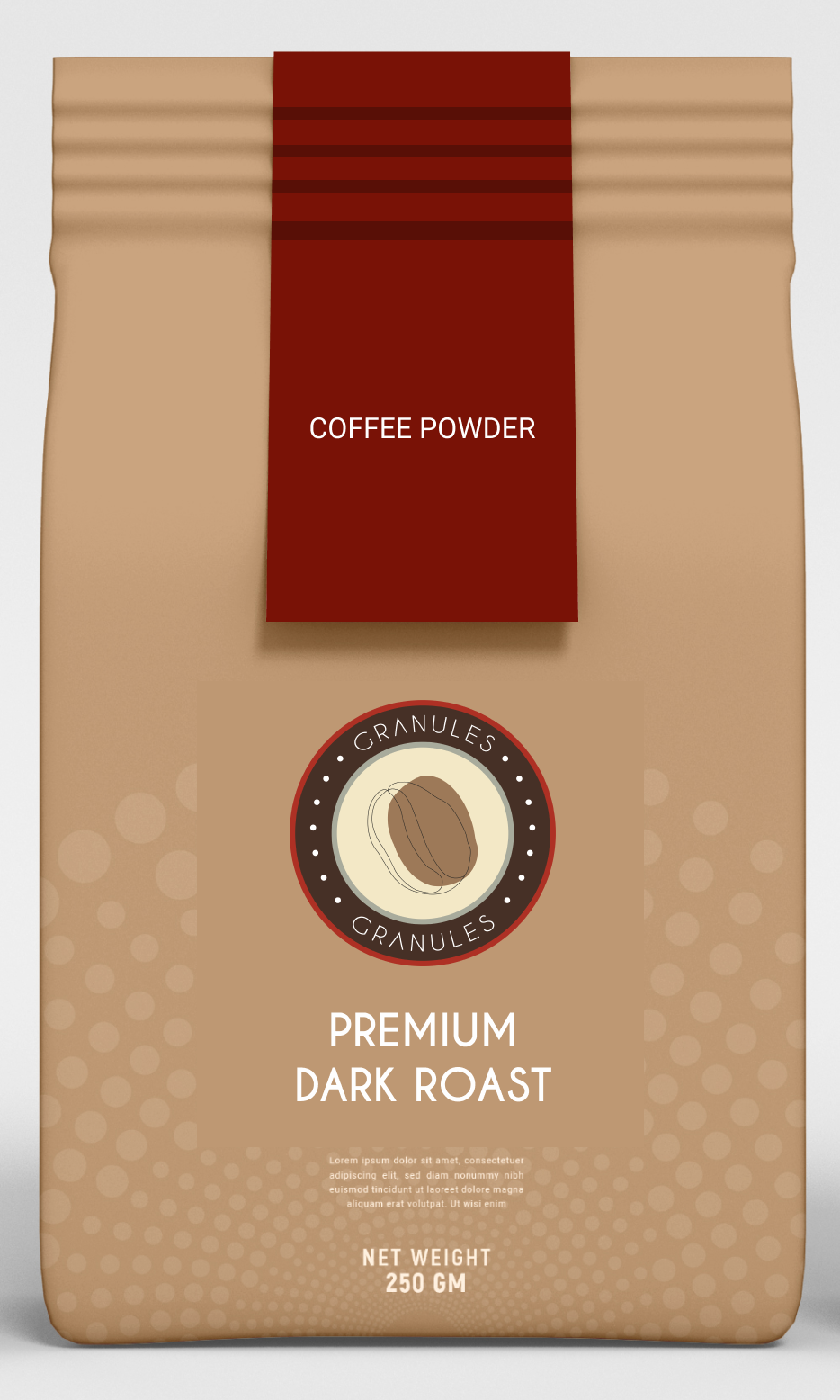 branded product mock up of brown coffee powder bag for dark roast coffee