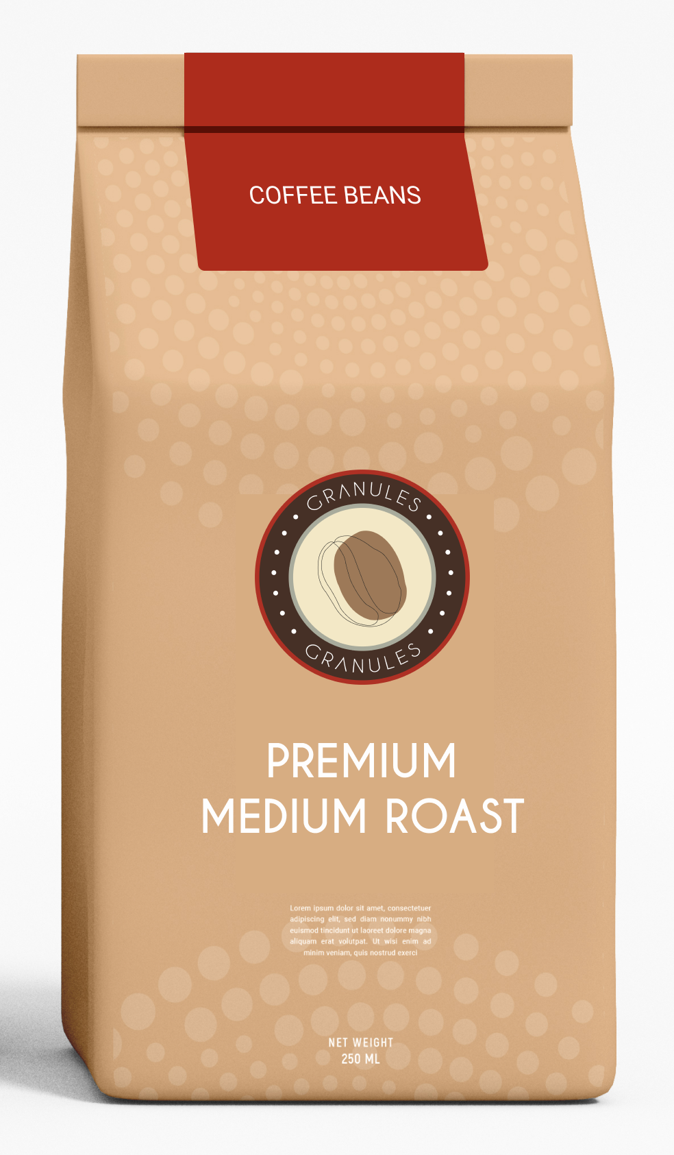 branded product mock up of brown coffee bean bag for medium roast coffee