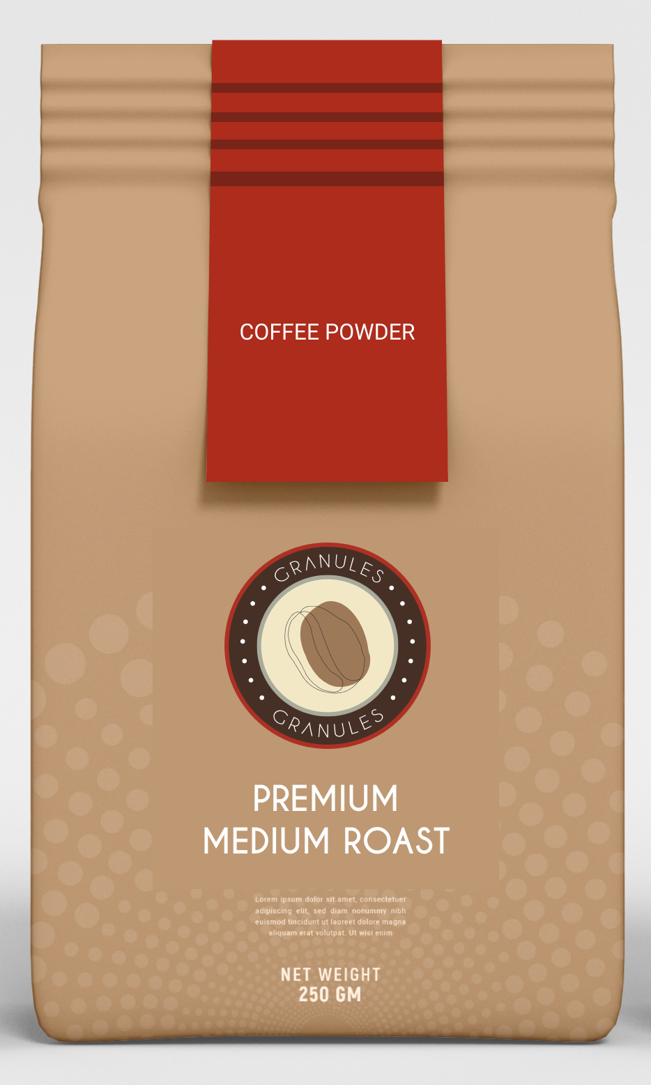 branded product mock up of brown coffee powder bag for medium roast coffee