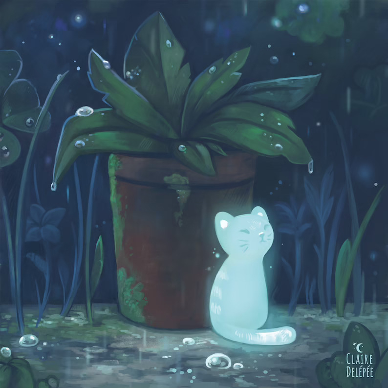 illustration of glowing cat in the rain near a plant pot