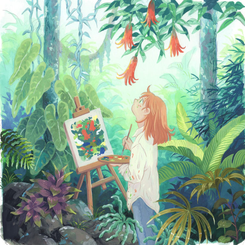 a girl in a forest painting the wilderness on a canvas