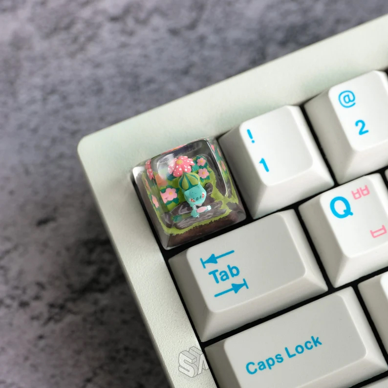 top view of a resin bulbasaur keycap