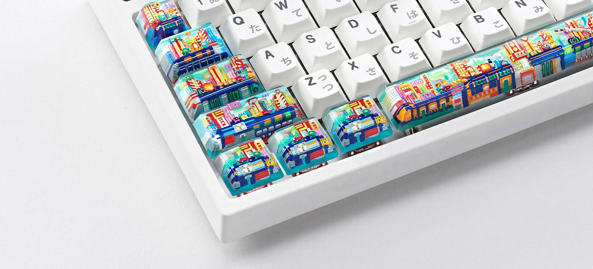 busy street themed custom keycaps on mechanical keyboard