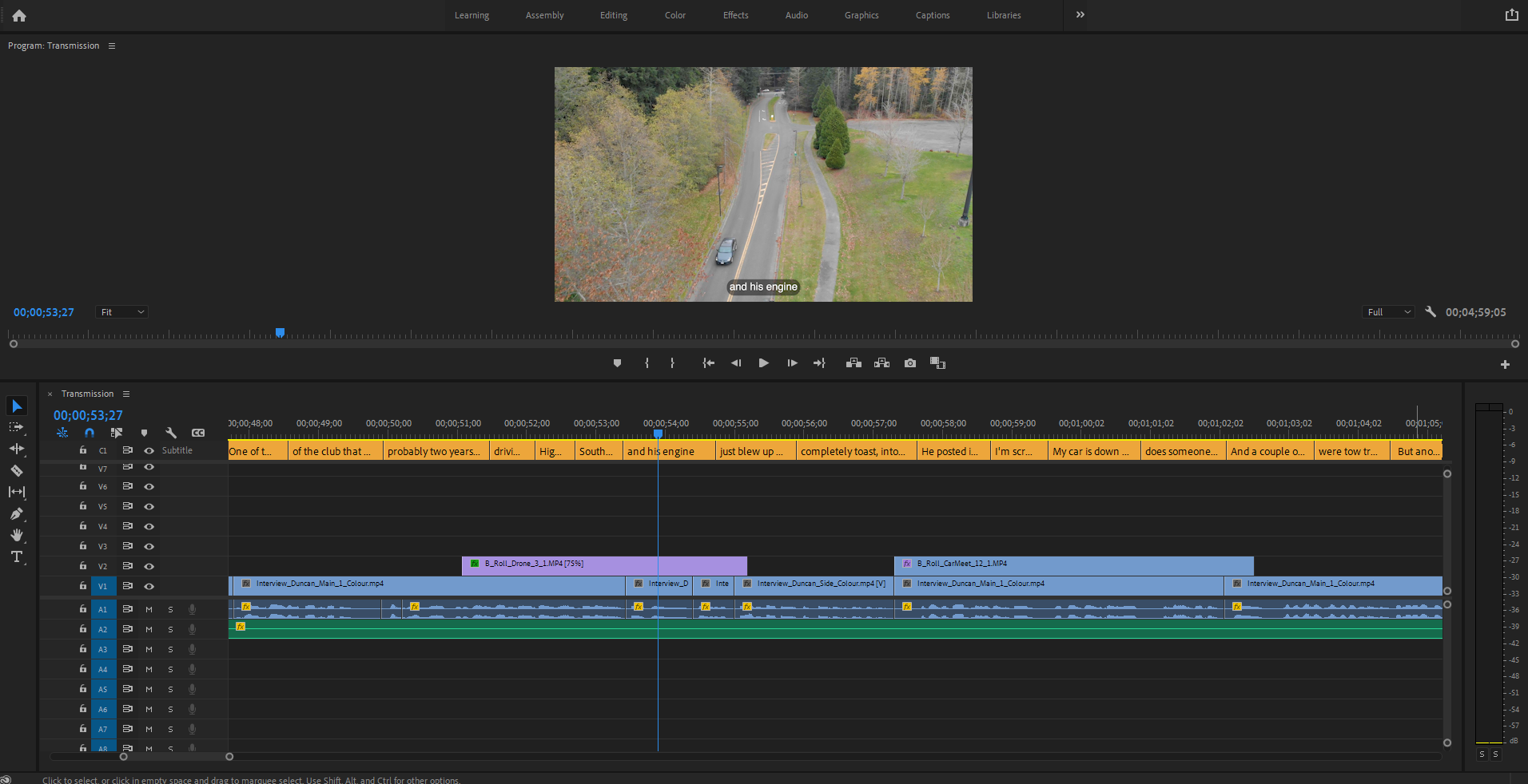 Editing the Transmission documentary on Premiere Pro.