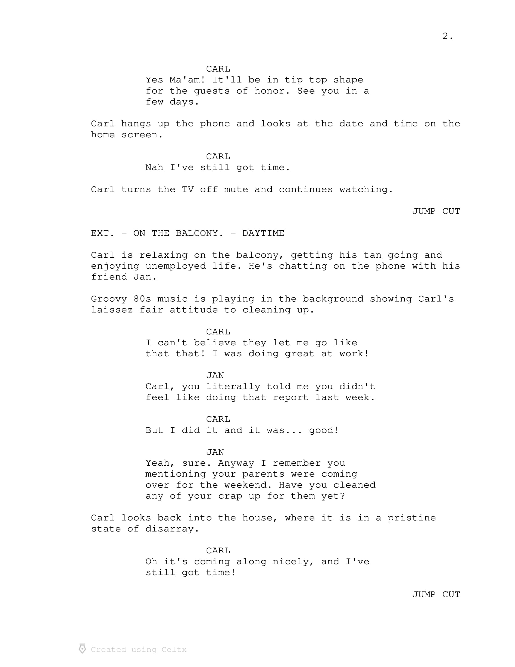 Some jump cut scene in text description, dialogue in different break line