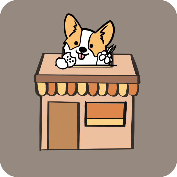 A cartoon pet salon shop with a cogri logo