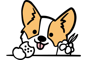 A cartoon of a Corgi with scissors and cookies.