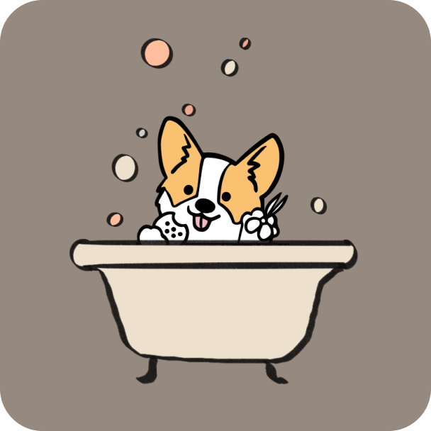 A cartoon representation of a Corgi logo in a bathtub