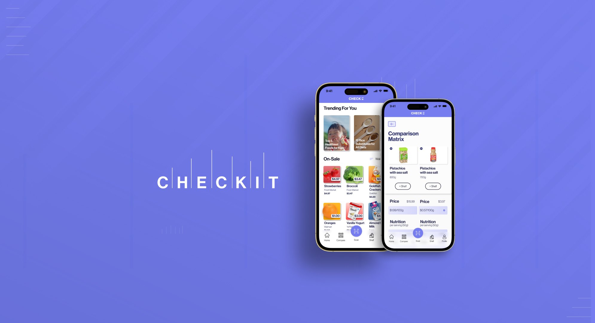 checkit grocery app mockup upon a blue background